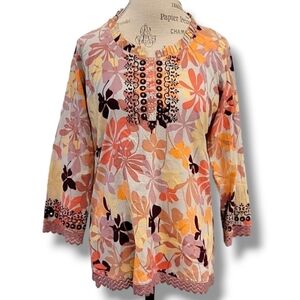 Sanaa Multicolored Crocheted Hem Line Tunic Pullover - Size Medium